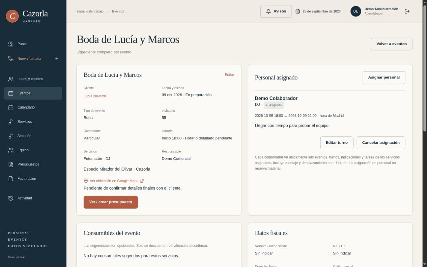 Lucía and Marcos’s wedding record showing the client, contracted services and assigned collaborator.