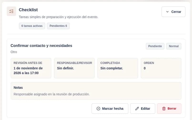 Checklist del evento con tarea pendiente, fecha de revisión y controles de edición.