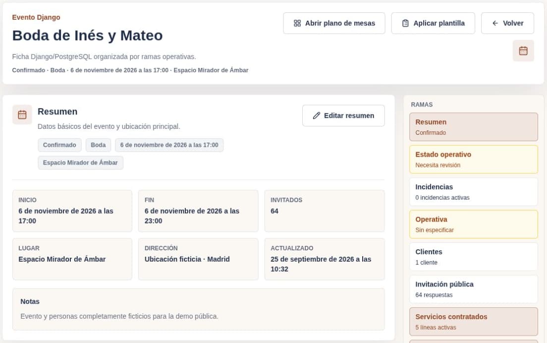 Inés and Mateo’s wedding: event summary, date, guests and operational sections.