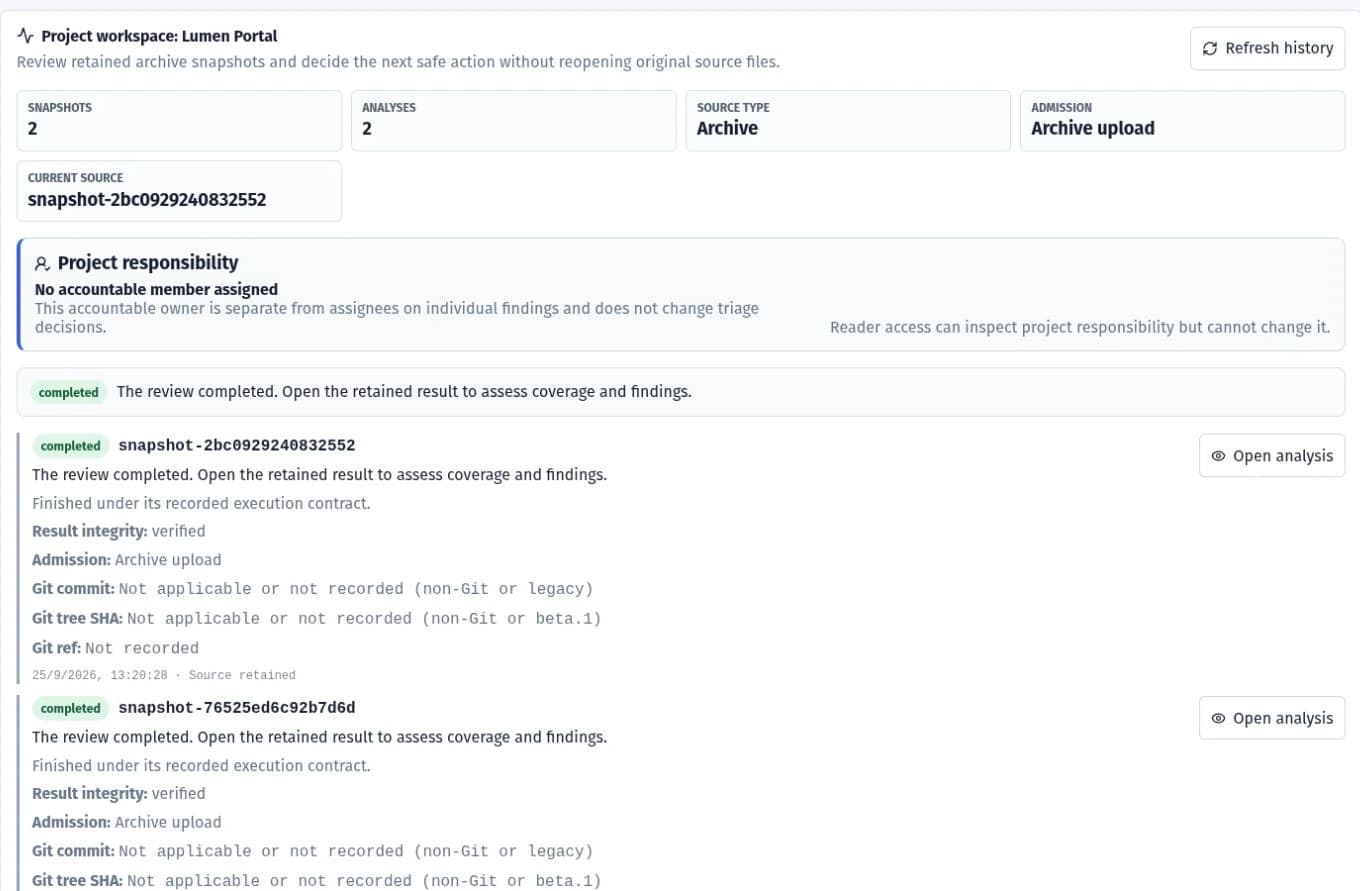 Lumen Portal workspace showing two completed analyses retained in its history.