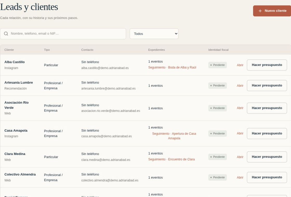Client list with contact details, event records and follow-up.