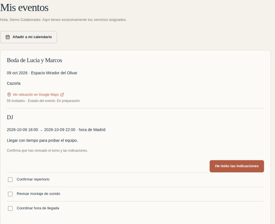 Collaborator view with a DJ shift and assigned tasks for Lucía and Marcos’s wedding.
