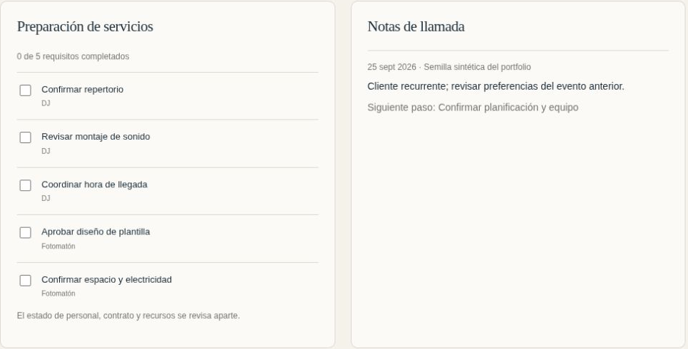 DJ and photo booth requirements for Lucía’s wedding alongside a call note and next step.