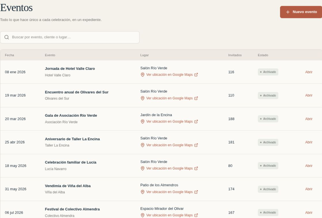 Event list with dates, clients and statuses, including one of Lucía’s archived events.