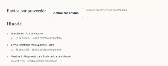 Lucía’s quote history showing the version, manually recorded sending and acceptance.